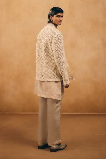 Shop_Mukti And Kavith Casa_Off White Satin, Linen Cut Work, Zari Abstract Embroidered Jacket And Kurta Set _at_Aza_Fashions