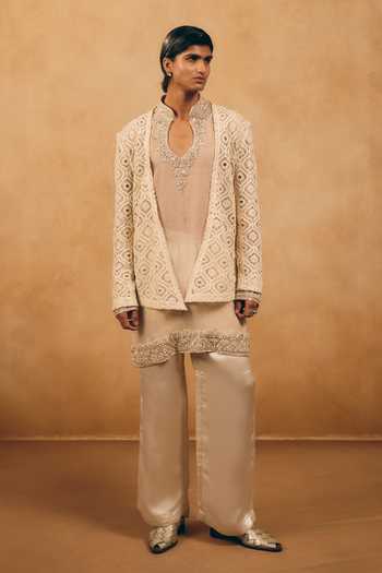 Buy_Mukti And Kavith Casa_Off White Satin, Linen Cut Work, Zari Abstract Embroidered Jacket And Kurta Set _at_Aza_Fashions