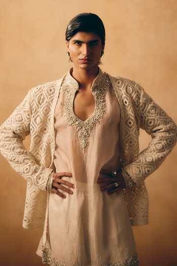 Shop_Mukti And Kavith Casa_Off White Satin, Linen Cut Work, Zari Abstract Embroidered Jacket And Kurta Set _Online_at_Aza_Fashions