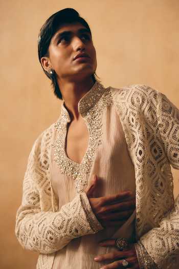 Mukti And Kavith Casa_Off White Satin, Linen Cut Work, Zari Abstract Embroidered Jacket And Kurta Set _at_Aza_Fashions