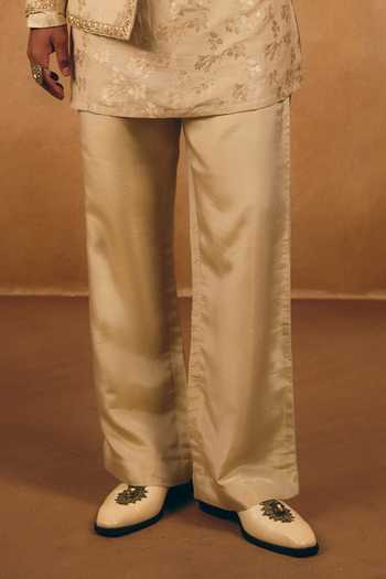 MUKTI AND KAVITH CASA_Beige Silk, Brocade, Tissue Zari Floral Woven Jacket And Kurta Set _Online_at_Aza_Fashions