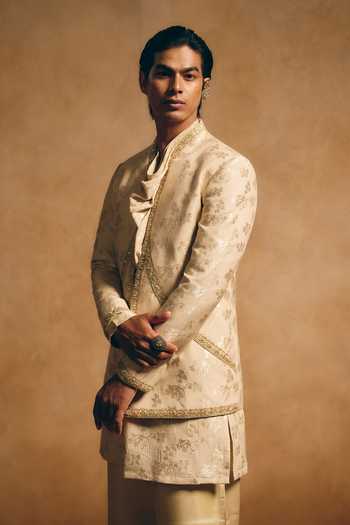 Shop_MUKTI AND KAVITH CASA_Beige Silk, Brocade, Tissue Zari Floral Woven Jacket And Kurta Set _at_Aza_Fashions