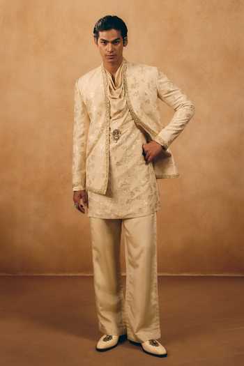 Buy_MUKTI AND KAVITH CASA_Beige Silk, Brocade, Tissue Zari Floral Woven Jacket And Kurta Set _at_Aza_Fashions