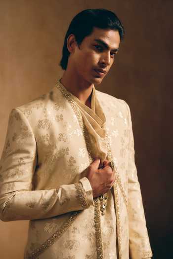 Buy_MUKTI AND KAVITH CASA_Beige Silk, Brocade, Tissue Zari Floral Woven Jacket And Kurta Set _Online_at_Aza_Fashions