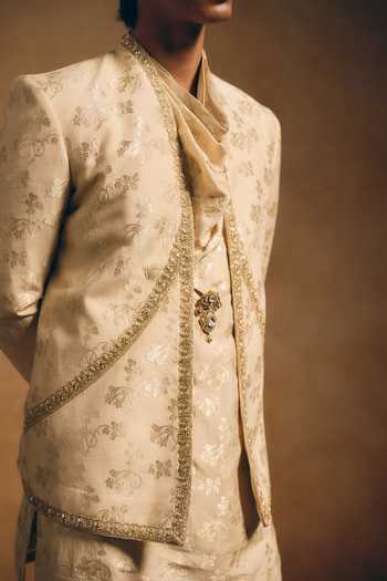 Shop_MUKTI AND KAVITH CASA_Beige Silk, Brocade, Tissue Zari Floral Woven Jacket And Kurta Set _Online_at_Aza_Fashions