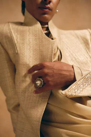 MUKTI AND KAVITH CASA_Gold Silk, Brocade, Tissue Stripe Woven Jacket And Kurta Set _Online_at_Aza_Fashions
