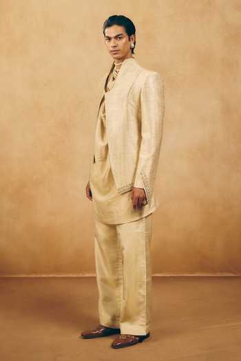 Shop_MUKTI AND KAVITH CASA_Gold Silk, Brocade, Tissue Stripe Woven Jacket And Kurta Set _Online_at_Aza_Fashions