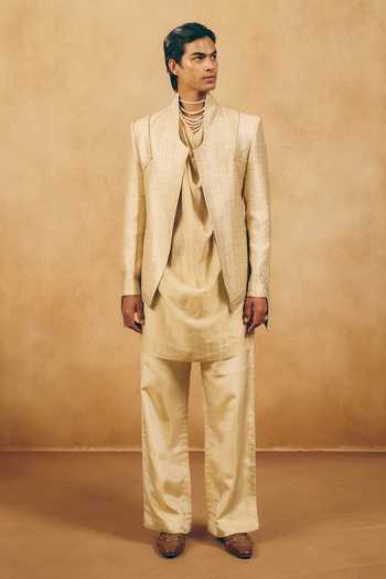 Shop_MUKTI AND KAVITH CASA_Gold Silk, Brocade, Tissue Stripe Woven Jacket And Kurta Set _at_Aza_Fashions