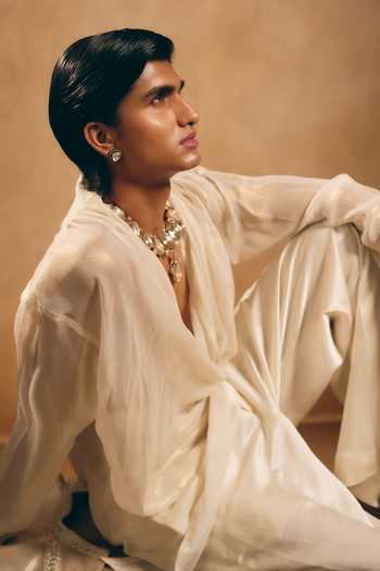Buy_MUKTI AND KAVITH CASA_Silver Tissue, Brocade, Georgette, Satin, Metallic Woven Jacket And Kurta Set _Online_at_Aza_Fashions