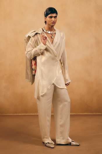 Shop_MUKTI AND KAVITH CASA_Silver Tissue, Brocade, Georgette, Satin, Metallic Woven Jacket And Kurta Set _at_Aza_Fashions