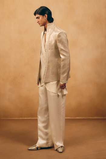 Shop_MUKTI AND KAVITH CASA_Silver Tissue, Brocade, Georgette, Satin, Metallic Woven Jacket And Kurta Set _Online_at_Aza_Fashions