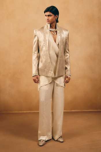Buy_MUKTI AND KAVITH CASA_Silver Tissue, Brocade, Georgette, Satin, Metallic Woven Jacket And Kurta Set _at_Aza_Fashions