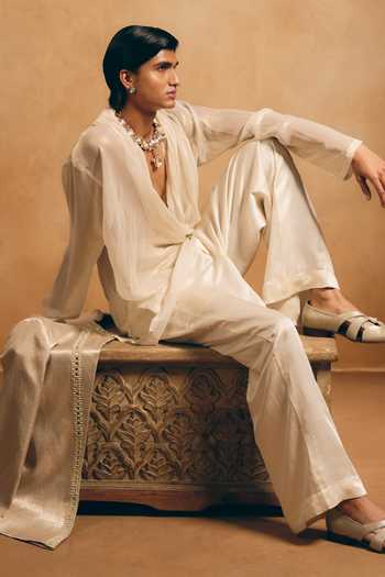 MUKTI AND KAVITH CASA_Silver Tissue, Brocade, Georgette, Satin, Metallic Woven Jacket And Kurta Set _at_Aza_Fashions