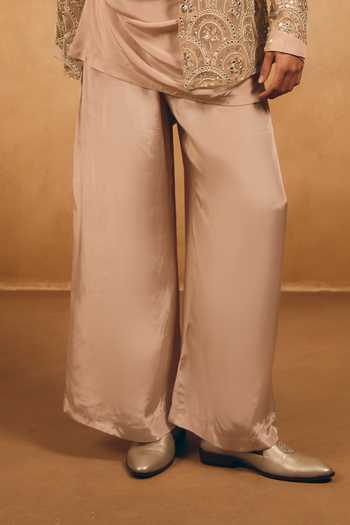 MUKTI AND KAVITH CASA_Gold Net, Crepe Embroidery, Sequins Scallop Jacket And Kurta Set _Online_at_Aza_Fashions
