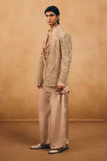 Buy_MUKTI AND KAVITH CASA_Gold Net, Crepe Embroidery, Sequins Scallop Jacket And Kurta Set _Online_at_Aza_Fashions