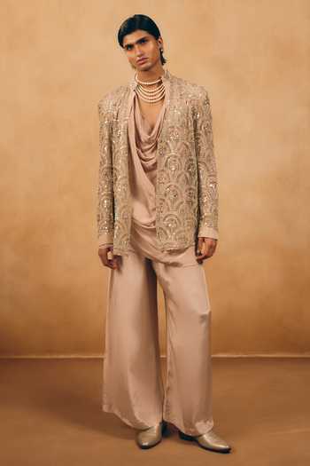Shop_MUKTI AND KAVITH CASA_Gold Net, Crepe Embroidery, Sequins Scallop Jacket And Kurta Set _at_Aza_Fashions