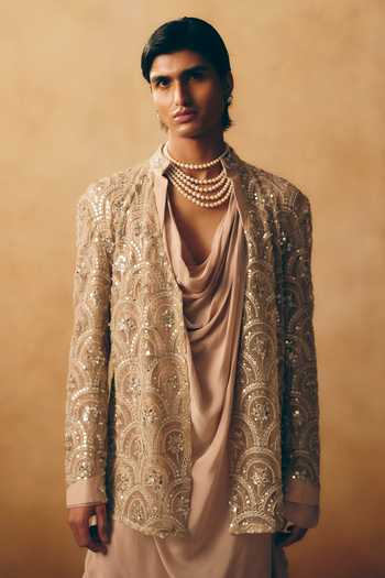 Shop_MUKTI AND KAVITH CASA_Gold Net, Crepe Embroidery, Sequins Scallop Jacket And Kurta Set _Online_at_Aza_Fashions