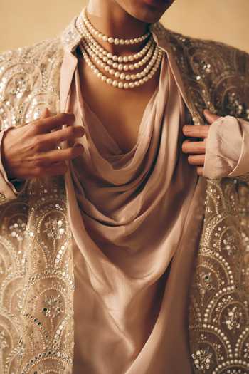 MUKTI AND KAVITH CASA_Gold Net, Crepe Embroidery, Sequins Scallop Jacket And Kurta Set _at_Aza_Fashions