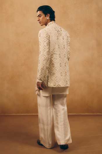 Shop_MUKTI AND KAVITH CASA_Ivory Chanderi, Silk, Satin, Linen Zardozi Work Longline Jacket And Kurta Set _at_Aza_Fashions