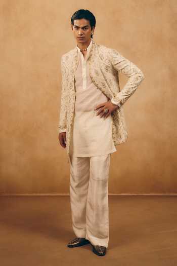 MUKTI AND KAVITH CASA_Ivory Chanderi, Silk, Satin, Linen Zardozi Work Longline Jacket And Kurta Set _Online_at_Aza_Fashions