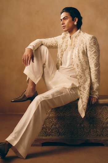 Buy_MUKTI AND KAVITH CASA_Ivory Chanderi, Silk, Satin, Linen Zardozi Work Longline Jacket And Kurta Set _Online_at_Aza_Fashions