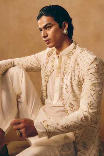 Shop_MUKTI AND KAVITH CASA_Ivory Chanderi, Silk, Satin, Linen Zardozi Work Longline Jacket And Kurta Set _Online_at_Aza_Fashions