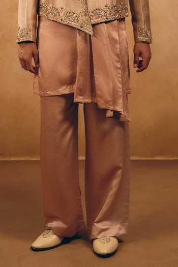 MUKTI AND KAVITH CASA_Gold Silk, Satin, Linen Embroidery, Zari, Stones Zardozi Jacket And Kurta Set _Online_at_Aza_Fashions