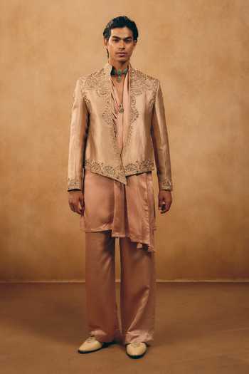 Buy_MUKTI AND KAVITH CASA_Gold Silk, Satin, Linen Embroidery, Zari, Stones Zardozi Jacket And Kurta Set _Online_at_Aza_Fashions