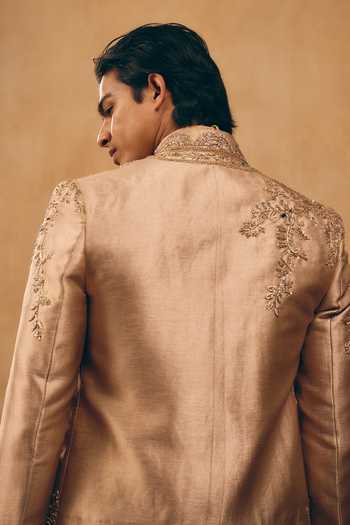 Shop_MUKTI AND KAVITH CASA_Gold Silk, Satin, Linen Embroidery, Zari, Stones Zardozi Jacket And Kurta Set _at_Aza_Fashions