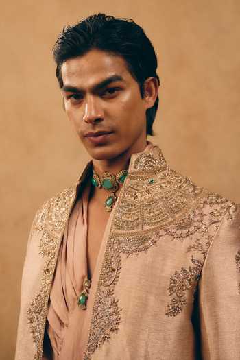 Shop_MUKTI AND KAVITH CASA_Gold Silk, Satin, Linen Embroidery, Zari, Stones Zardozi Jacket And Kurta Set _Online_at_Aza_Fashions