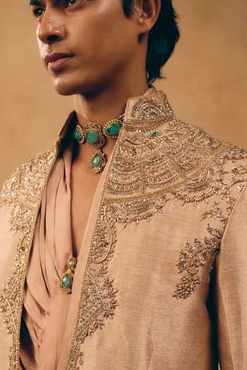 MUKTI AND KAVITH CASA_Gold Silk, Satin, Linen Embroidery, Zari, Stones Zardozi Jacket And Kurta Set _at_Aza_Fashions