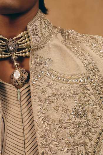 MUKTI AND KAVITH CASA_Silver Silk, Satin, Linen Embroidery Short Jacket And Kurta Set _Online_at_Aza_Fashions
