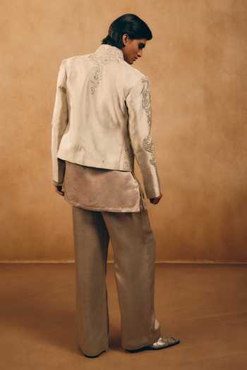 Shop_MUKTI AND KAVITH CASA_Silver Silk, Satin, Linen Embroidery Short Jacket And Kurta Set _at_Aza_Fashions