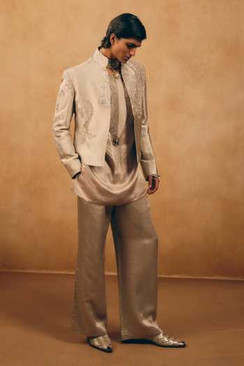 Shop_MUKTI AND KAVITH CASA_Silver Silk, Satin, Linen Embroidery Short Jacket And Kurta Set _Online_at_Aza_Fashions