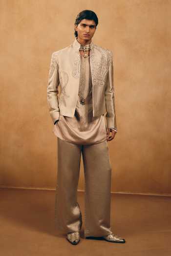 Buy_MUKTI AND KAVITH CASA_Silver Silk, Satin, Linen Embroidery Short Jacket And Kurta Set _at_Aza_Fashions