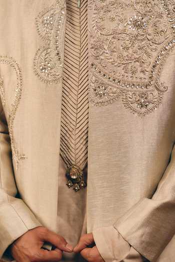 MUKTI AND KAVITH CASA_Silver Silk, Satin, Linen Embroidery Short Jacket And Kurta Set _at_Aza_Fashions