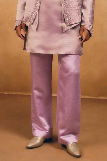 Mukti And Kavith Casa_Purple Chanderi, Satin, Linen Embroidery, Stones Border Jacket And Kurta Set _Online_at_Aza_Fashions