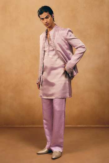 Shop_Mukti And Kavith Casa_Purple Chanderi, Satin, Linen Embroidery, Stones Border Jacket And Kurta Set _at_Aza_Fashions