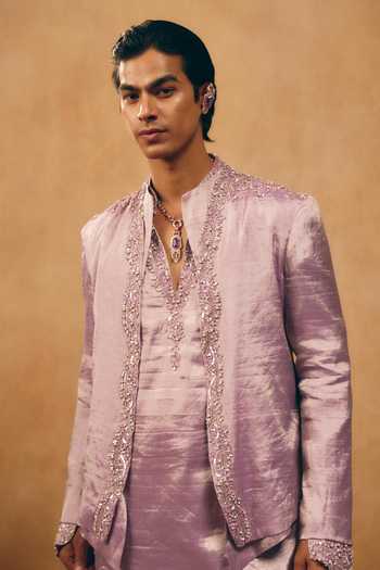 Buy_Mukti And Kavith Casa_Purple Chanderi, Satin, Linen Embroidery, Stones Border Jacket And Kurta Set _Online_at_Aza_Fashions