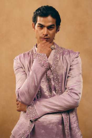 Shop_Mukti And Kavith Casa_Purple Chanderi, Satin, Linen Embroidery, Stones Border Jacket And Kurta Set _Online_at_Aza_Fashions