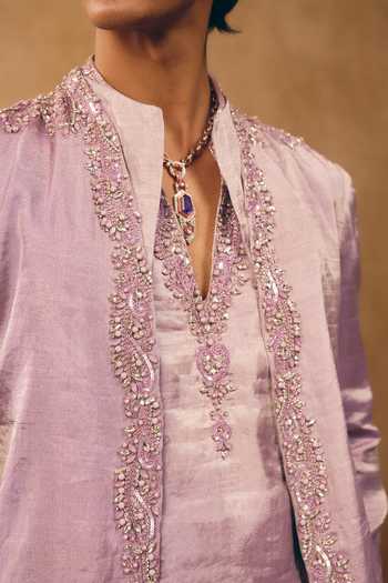 Mukti And Kavith Casa_Purple Chanderi, Satin, Linen Embroidery, Stones Border Jacket And Kurta Set _at_Aza_Fashions