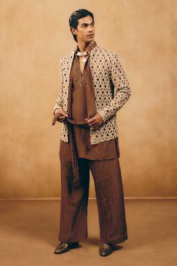 Shop_MUKTI AND KAVITH CASA_Brown Tissue Cut Work, Embroidery Cutwork Jacket And Kurta Set _at_Aza_Fashions