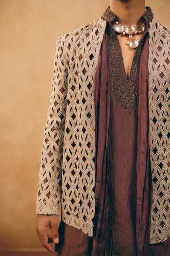 MUKTI AND KAVITH CASA_Brown Tissue Cut Work, Embroidery Cutwork Jacket And Kurta Set _Online_at_Aza_Fashions