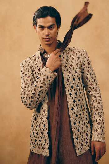 Buy_MUKTI AND KAVITH CASA_Brown Tissue Cut Work, Embroidery Cutwork Jacket And Kurta Set _Online_at_Aza_Fashions