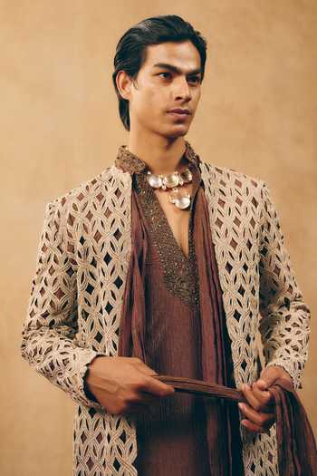 Shop_MUKTI AND KAVITH CASA_Brown Tissue Cut Work, Embroidery Cutwork Jacket And Kurta Set _Online_at_Aza_Fashions
