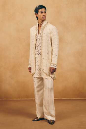 Shop_MUKTI AND KAVITH CASA_Ivory Chanderi, Net, Satin, Linen Embroidery Textured Jacket And Kurta Set _at_Aza_Fashions