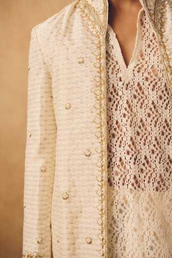 Buy_MUKTI AND KAVITH CASA_Ivory Chanderi, Net, Satin, Linen Embroidery Textured Jacket And Kurta Set _Online_at_Aza_Fashions