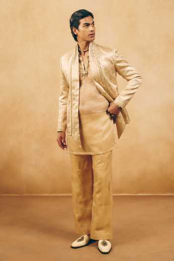 Buy_MUKTI AND KAVITH CASA_Gold Tissue, Satin, Linen Zari Geometric Pattern Jacket And Kurta Set _at_Aza_Fashions