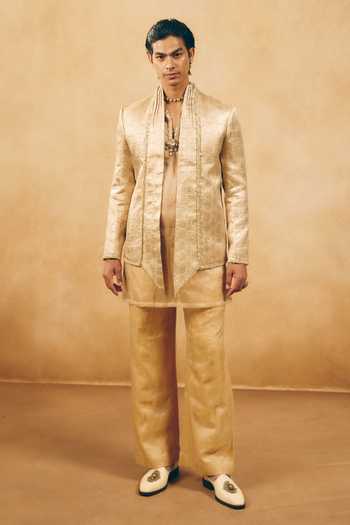 Shop_MUKTI AND KAVITH CASA_Gold Tissue, Satin, Linen Zari Geometric Pattern Jacket And Kurta Set _at_Aza_Fashions