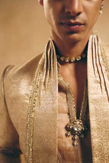 Shop_MUKTI AND KAVITH CASA_Gold Tissue, Satin, Linen Zari Geometric Pattern Jacket And Kurta Set _Online_at_Aza_Fashions